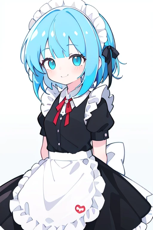 1girl,blue hair,solo,joints,maid,arms behind back,apron,smile,gloves,short hair,maid headdress,dress,blush,ribbon,short sleeves,black dress,maid apron,closed mouth,bangs,frills,white apron,<lora:xiaoyezi-000008:0.8>,