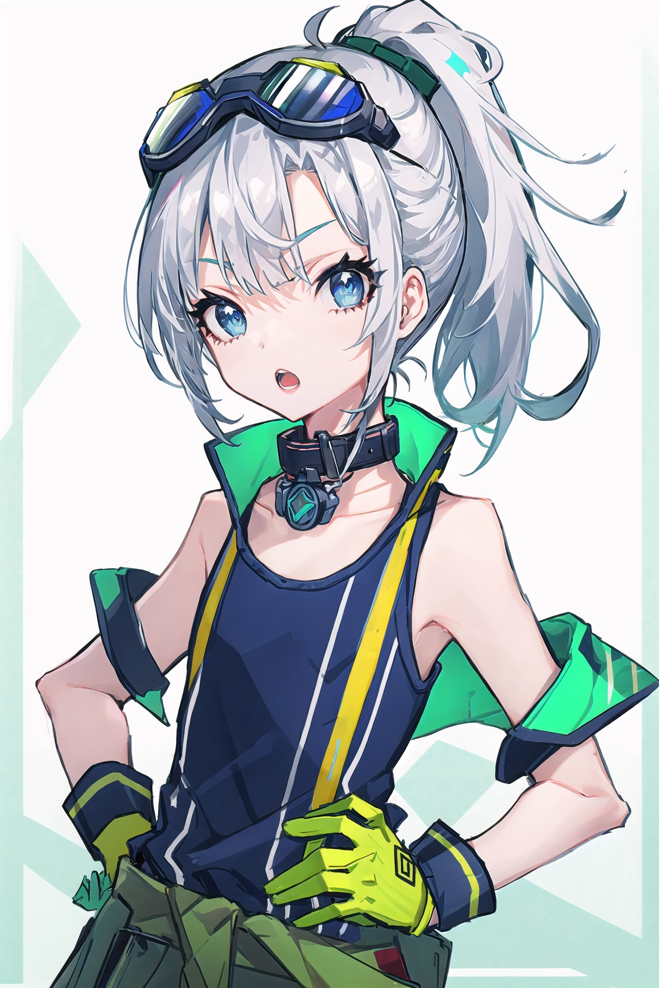 1girl, solo, goggles, gloves, goggles on head, blue eyes, open mouth, looking at viewer, white hair, tank top, ponytail, green gloves, upper body, hands on hips, collar, collarbone, bangs, bare shoulders, clothes around waist, short hair 
///////////    <lora:menou-000208:1>, <lora:ç»ä¸½çåå½±:0.2>,<lora:add_detail:0.35>, <lora:adaptedmodel:0.35>