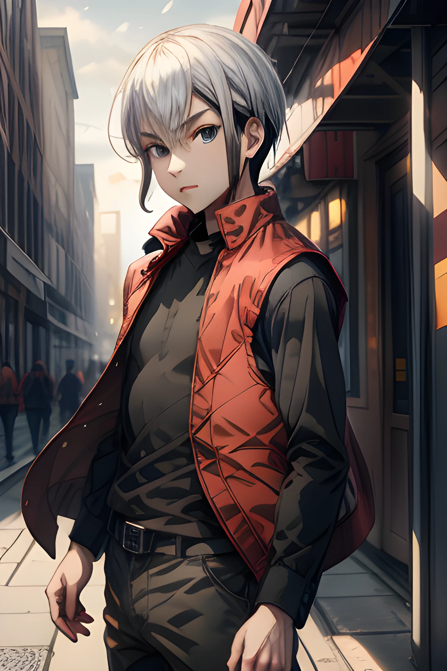 retro game art 1boy, eugene chaud, two tone hair, long sleeved black shirt, sleeveless red jacket, standing, outdoors, city street, natural lighting, highly detailed, masterpiece, portrait . 16-bit, vibrant colors, pixelated, nostalgic, charming, fun