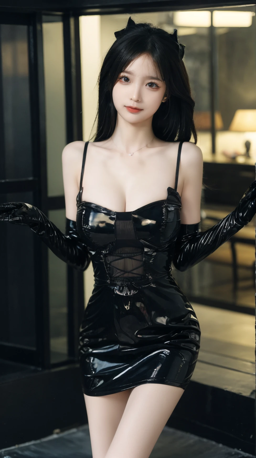 Skinny Gothic Girl, in schwarzem Neglige, im Hotelzimmer mit Wolkenkratzer-Skyline