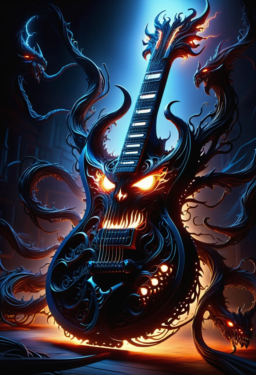 hyper detailed masterpiece, dynamic, awesome quality, DonMN1gh7D3m0nXL electric guitar, halogen lamps,escapement mechanisms,inverters,guards,safety interlocks,power ports, web, plush, made of night demon <lora:DonMN1gh7D3m0nXL-v1.1-000008:1>