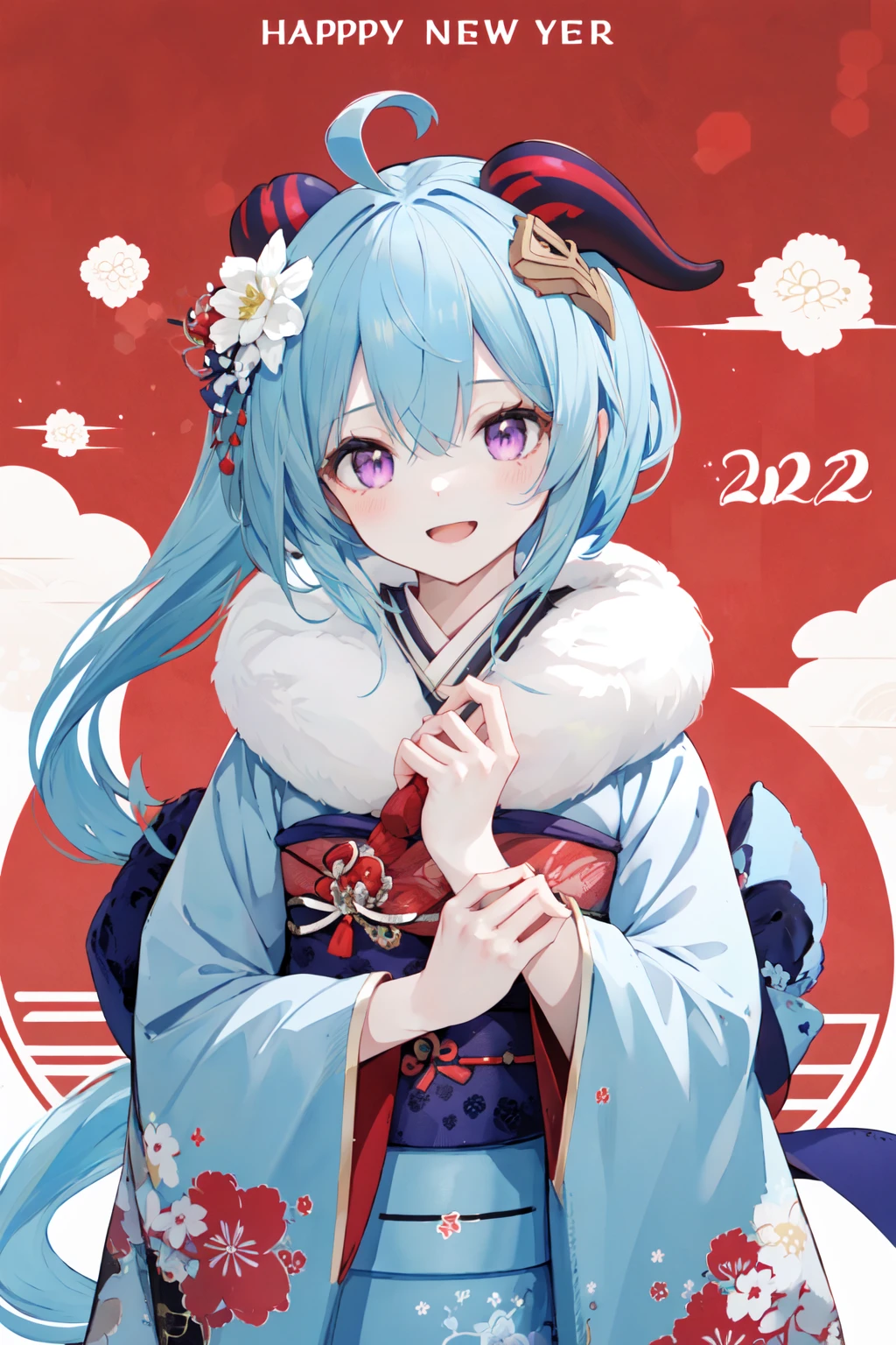 (masterpiece:1.2),best quality,PIXIV,happy new year,
1girl, ganyu (genshin impact), solo, horns, blue hair, ahoge, long hair, flower, kimono, looking at viewer, hair ornament, hair flower, bangs, smile, japanese clothes, blush, holding, new year, open mouth, long sleeves, sash, blue kimono, wide sleeves, floral print, goat horns, obi, hair between eyes, upper body, sidelocks, :d, fur trim, alternate costume, fur collar, flower knot, purple eyes, happy new year, low ponytail, white flower, 2021, multicolored eyes, omikuji
<lora:happy new year_20240102112354-000018:0.8>,