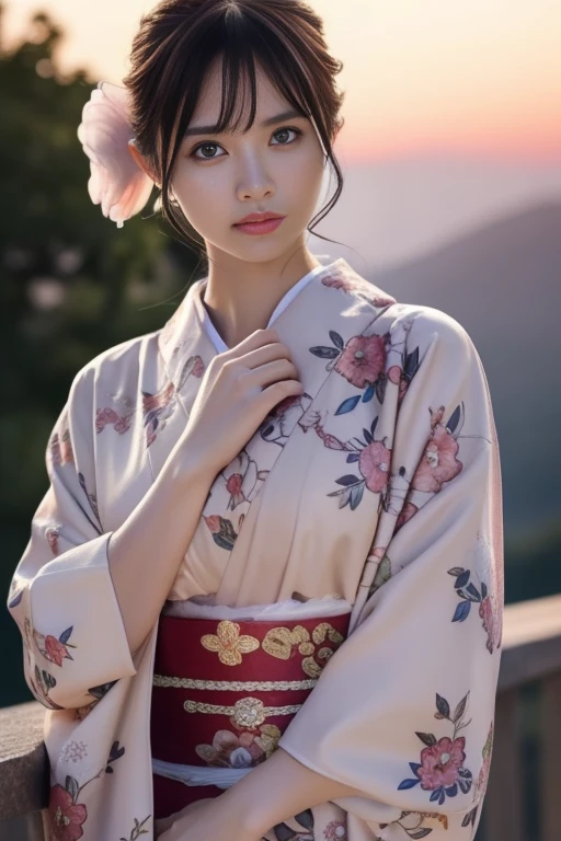 1girl,(wearing a gorgeous floral pattern kimono:1.2),(RAW photo, best quality), (realistic, photo-realistic:1.4), masterpiece, an extremely delicate and beautiful, extremely detailed, 2k wallpaper, Amazing, finely detail, extremely detailed CG unity 8k wallpaper, ultra-detailed, highres, soft light, beautiful detailed girl, extremely detailed eyes and face, beautiful detailed nose, beautiful detailed eyes,cinematic lighting,on a mountain top,sunrise,new year sunrise,perfect anatomy,slender body,<lora:new_hefu_:0.6> <lora:fujisakinagi_lora:0.8>