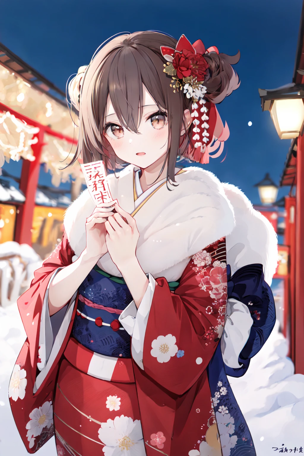 (masterpiece:1.2),best quality,PIXIV,
1girl,japanese clothes,ema,kimono,long hair,solo,hamaya,brown hair,hair ornament,sash,looking at viewer,flower,floral print,hair flower,print kimono,blush,arrow (projectile),obi,brown eyes,holding,ribbon,bangs,wide sleeves,hair ribbon,long sleeves,two side up,hair between eyes,red kimono,outdoors,bell,holding arrow,black ribbon,jingle bell,blurry,new year,fur collar,breath,blurry background,standing,depth of field,pink flower,
<lora:happy new year_20240102112354-000018:1>,