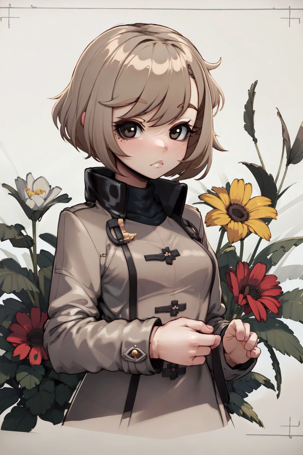 upper body, solo, 1girl, bored, brown hair, lone nape hair, black eyes, beige overcoat, Ranunculus \(flower\), floral background <lora:K-Rha_style_v01.10.01:1>
