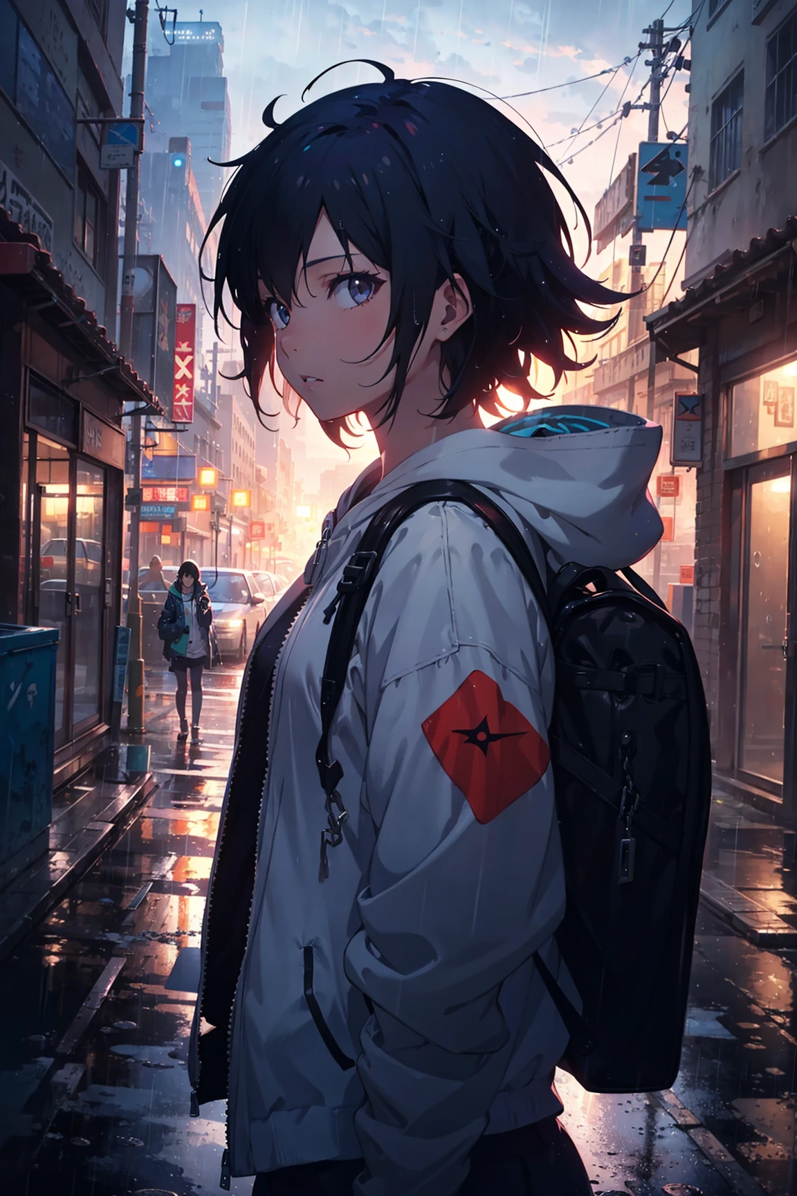 1girl, jacket, rain, outdoor, hoodie, open jacket, chain, backpack, looking at another, messy hair, trending on artstation, 8k resolution, highly detailed, anatomically correct, sharp image, digital painting, concept art, trending on pixiv, style of makoto shinkai,