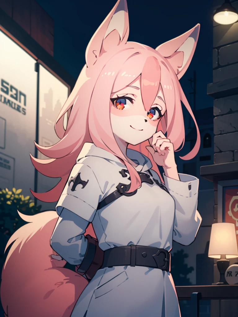 1 girl, fox girl, solo, furry,furry female, nazuna_hiwatashi, pink hair,long hair, red eyes, animal nose, fox ears, ((bushy tail, tail)), (high quality, best quality, (4k), hi res, masterpiece, beautiful, high details), <lora:nazuna:0.8>, happy, looking at viewer, night, cyber city, futuristic, looking at viewer, detailed eyes, smile