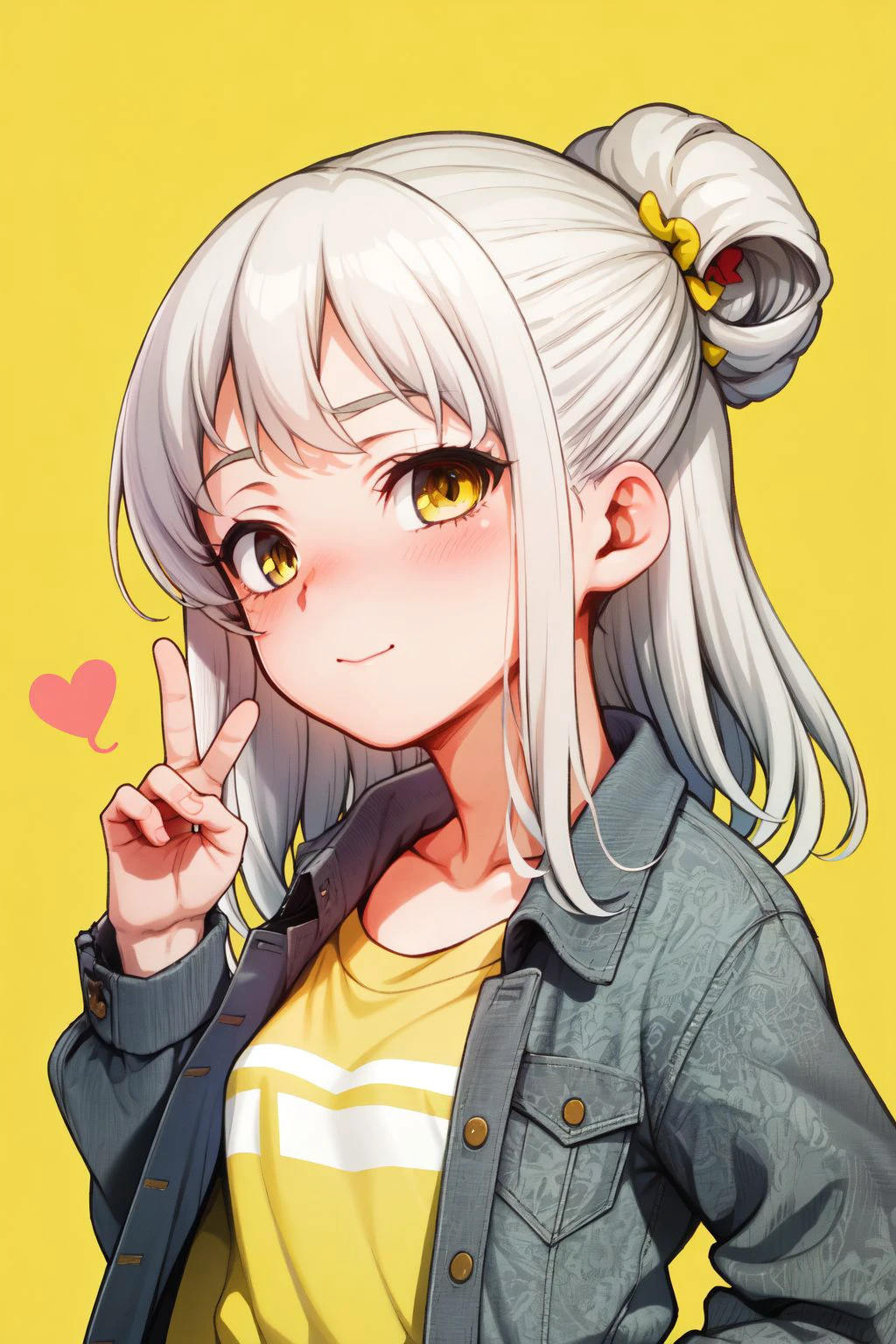 upper body, solo, 1girl, :q, double_v, white hair, single hair bun, white eyes, yellow striped shirt, heart background <lora:RabbishKingdom_Uousa-ou_style_v02:1>