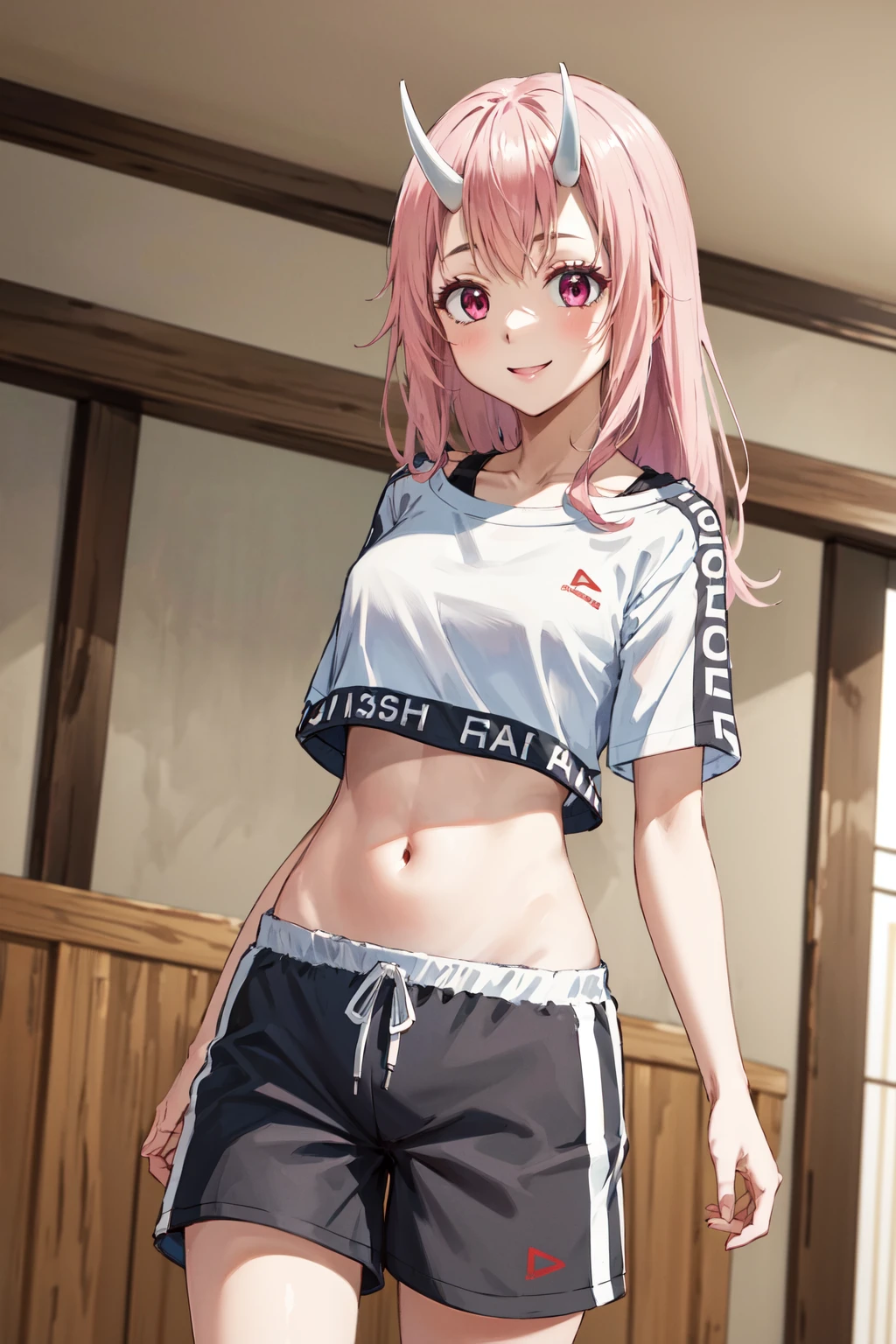 masterpiece,best quality,highres,ultra-detailed,aashuna,oni horns,long hair,hair ornament,<lora:shuna_(tensei_shitara_slime_datta_ken):0.7>,sportswear,(shirt:1.2),(navel:1.2),short sleeves,(shorts:1.2),short shorts,(boots:1.2),<lora:hololive_dance_practice_uniform:1>,indoors,standing,smile,cowboy shot,