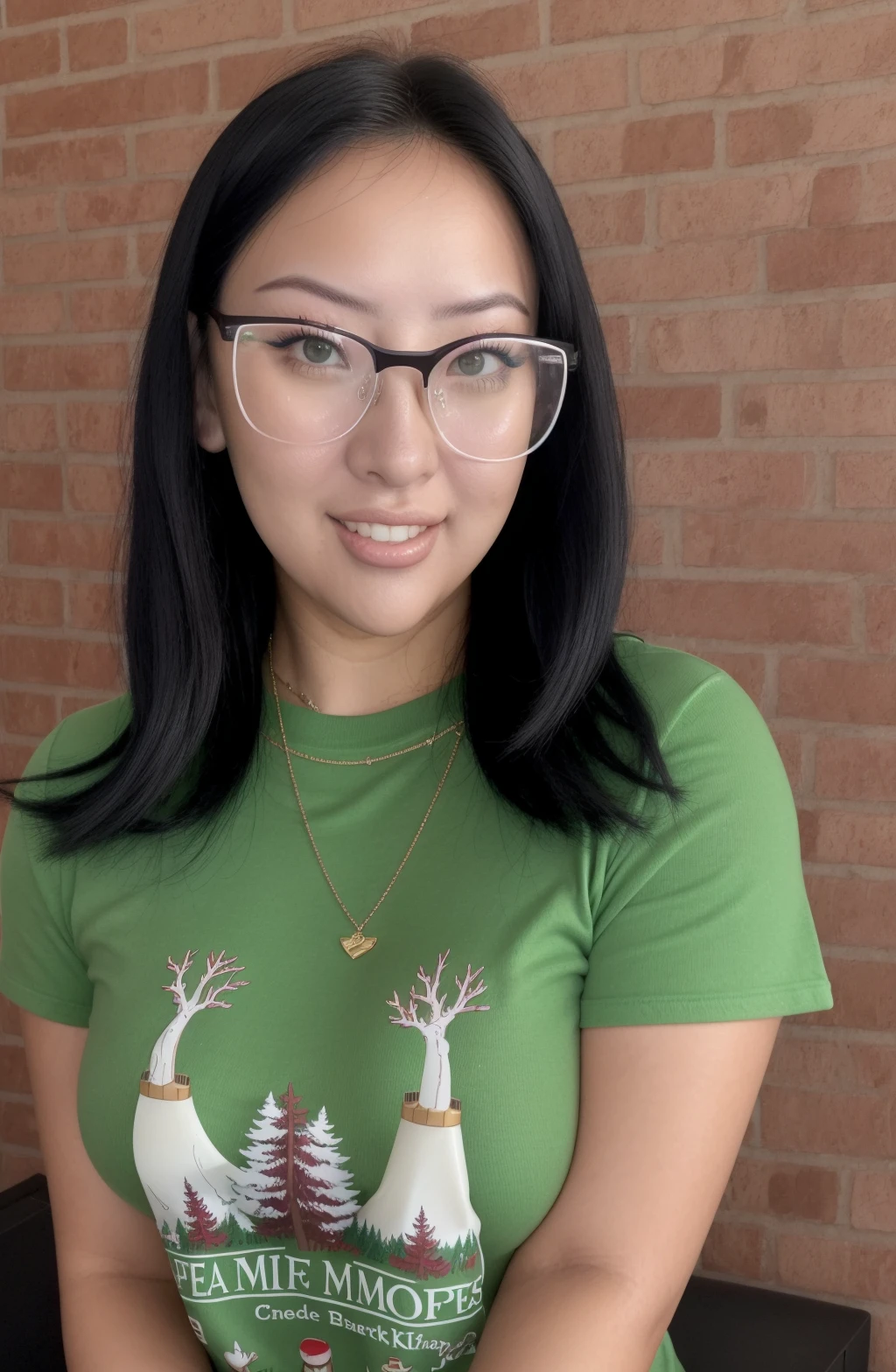 @yawoesenpai,WoeSenpai \(Person\),Alexandra Cohen \(Person\),1girl, ((portrait shot)), green eyes, smile, closed mouth,looking at viewer, black hair, glasses, nose, small breasts, makeup, winter t-shirt, background: cherry blossum trees, brick wall, <lora:WoeSenpai | Alexandra Cohen:1>