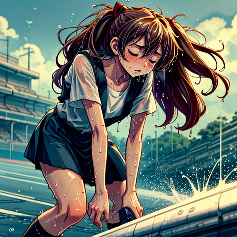((top quality, 8k wallpaper)),(masterpiece, best quality),extremely detailed,high definition,(official art:1.3),(((anime screencap,black outline))),<lora:more_details:0.3>,<lora:LCM_LoRA_Weights_SD15:1>,1girl,solo,blush,half-closed eyes,steaming body,heavy breathing,sick,
<lora:AsukaLangleySouryuuV2:1>, souryuu asuka langley,interface headset,suspender skirt,red ribbon,white shirt,school uniform,socks,shoes,
BREAK
<lora:sweatAthlete:0.4>,(((sweat,sweatdrop,flying sweatdrops, sweating profusely,wet,wet clothes,wet hair,messy hair))),exhausted,exercise,stadium,outdoors,running track,running,
