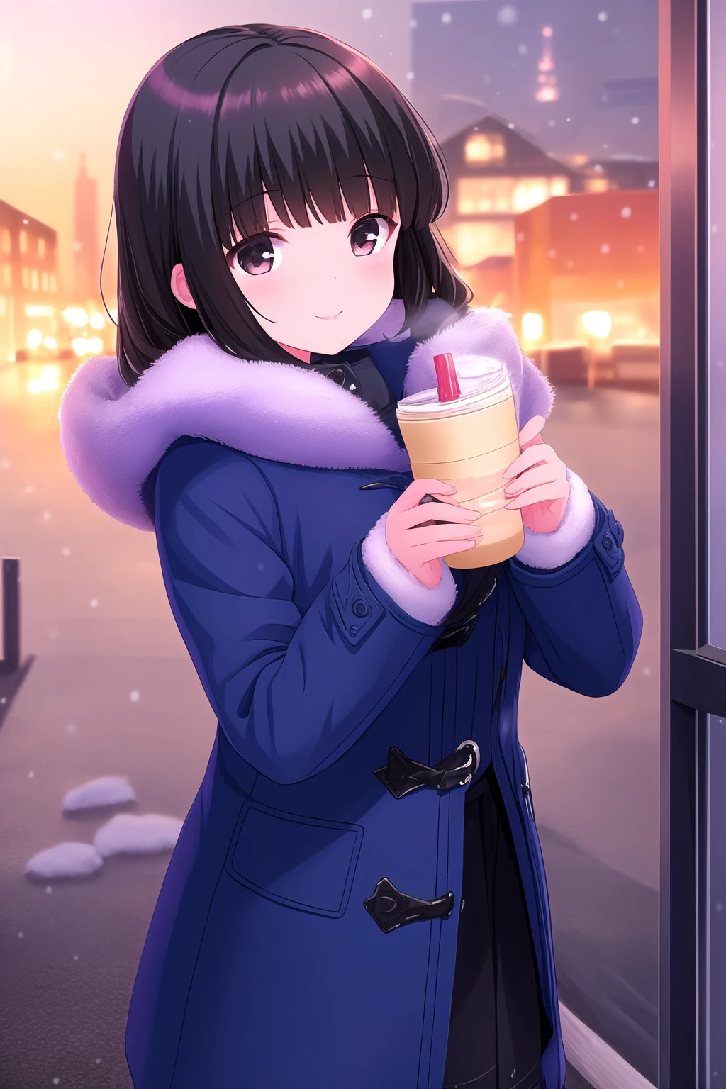 (masterpiece, best quality), highly detailed background, perfect lightingbest quality, mashirotouko, solo, outdoors, winter, black hair, blunt bangs, long hair, black eyes, fur trim, blue coat, black skirt, winter clothes, smile, closed mouth, :) pink lips, <lora:Mashiro-Touko:0.7>