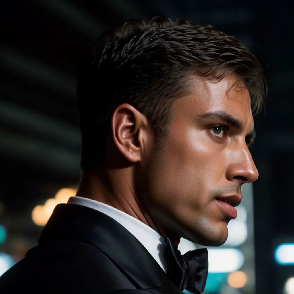 face portrait of dankhan person using a tuxedo, in blade runner, professional photography, high resolution, 4k, detailed photo, <lora:dankhan_59400:1>