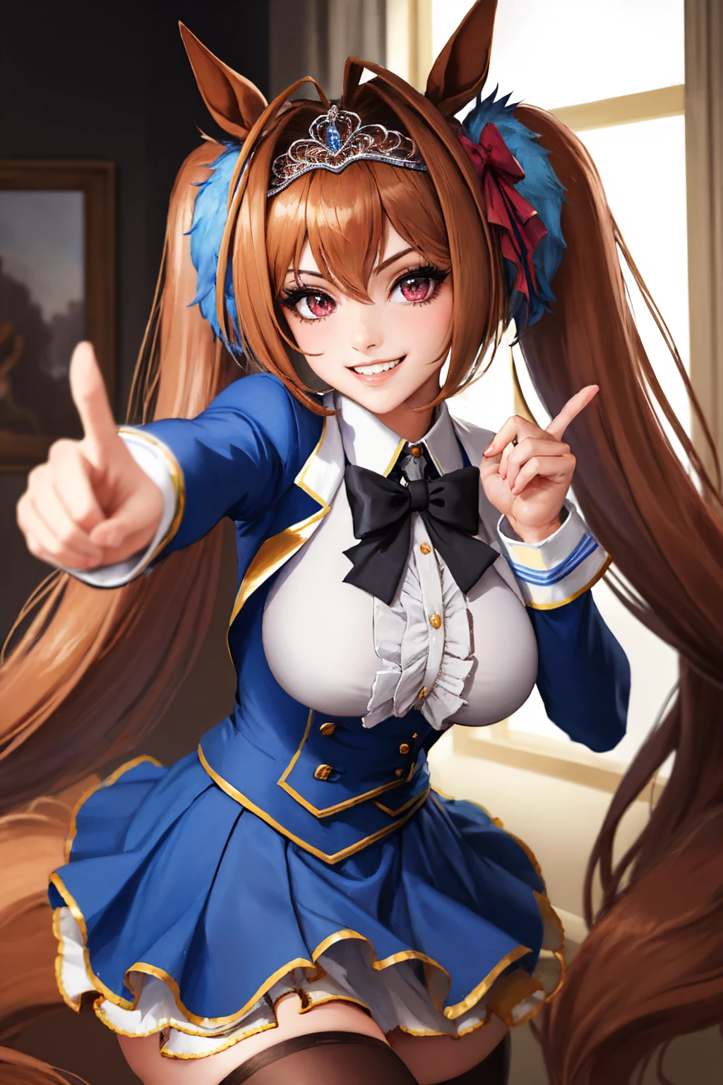 (masterpiece, best quality:1.2), solo, 1girl, daiwadef, grin, looking at viewer, pointing at viewer, twintails, tiara, horse ears, underbust, center frills, bowtie, epaulettes, long sleeves, skirt, thighhighs, horse tail <lora:umamusume_daiwascarlet-10:1>
