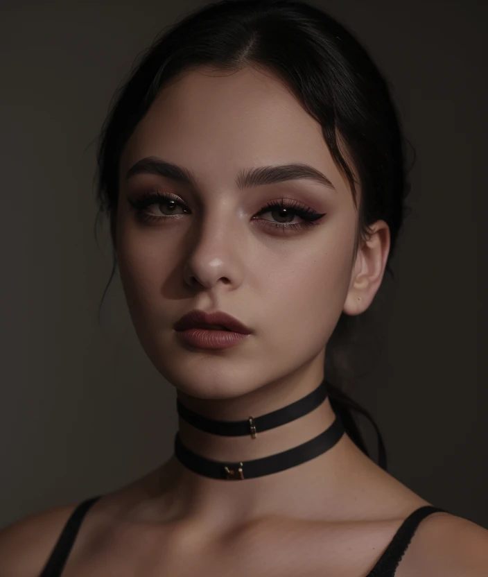 d3vcas looking at viewer, simple background, black hair, closed mouth, choker, black eyes, lips, makeup, black choker, portrait, Ultra-HD-details