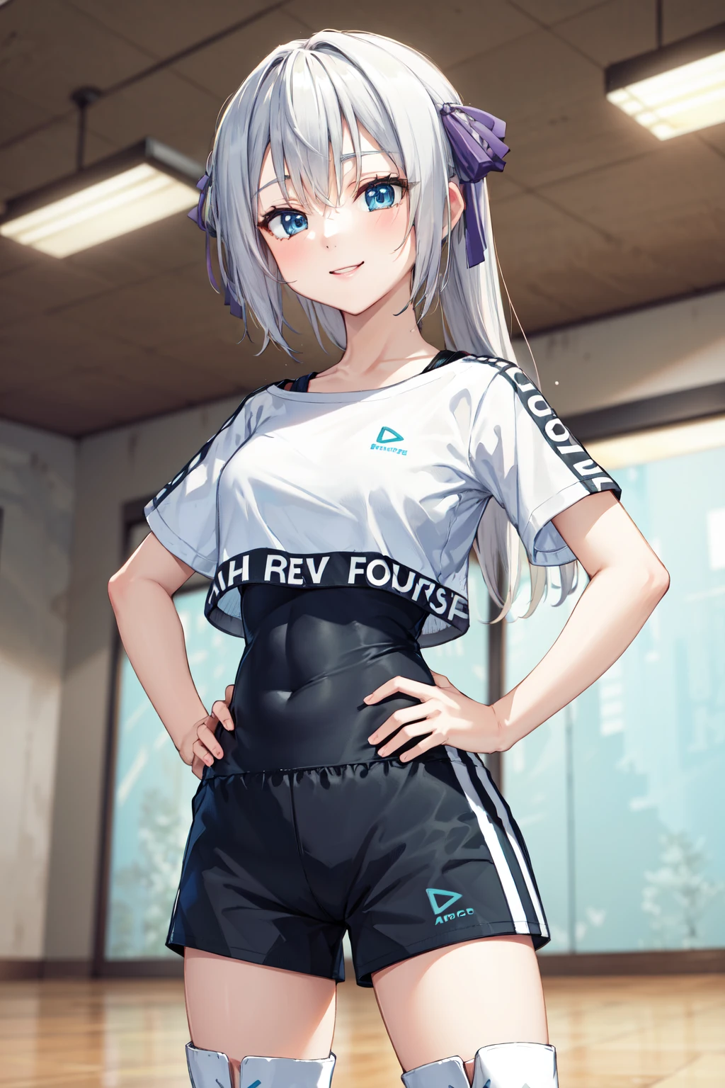 masterpiece,best quality,highres,ultra-detailed,aaeucliwood,long hair,hair ribbon,<lora:eucliwood_hellscythe:0.7>,sportswear,(shirt:1.2),(skin tight:1.4),short sleeves,(shorts:1.2),short shorts,(boots:1.2),<lora:hololive_dance_practice_uniform:1>,indoors,standing,smile,cowboy shot,hands_on_hips,