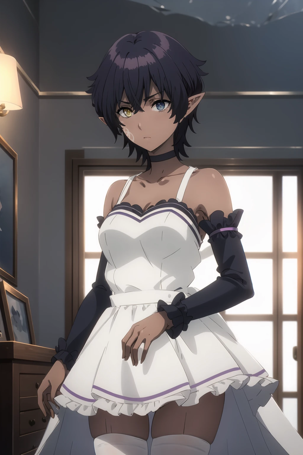 <lora:Omega_KNJ:1>, Omegadef, short hair, purple hair, heterochromia, blue eyes, yellow eyes, pointy ears, facial mark, solo, dark-skinned female,
wedding dress, white dress, frills, white thighhighs,
standing, upper body, looking at viewer, detached sleeves, choker,
masterpiece, best quality,