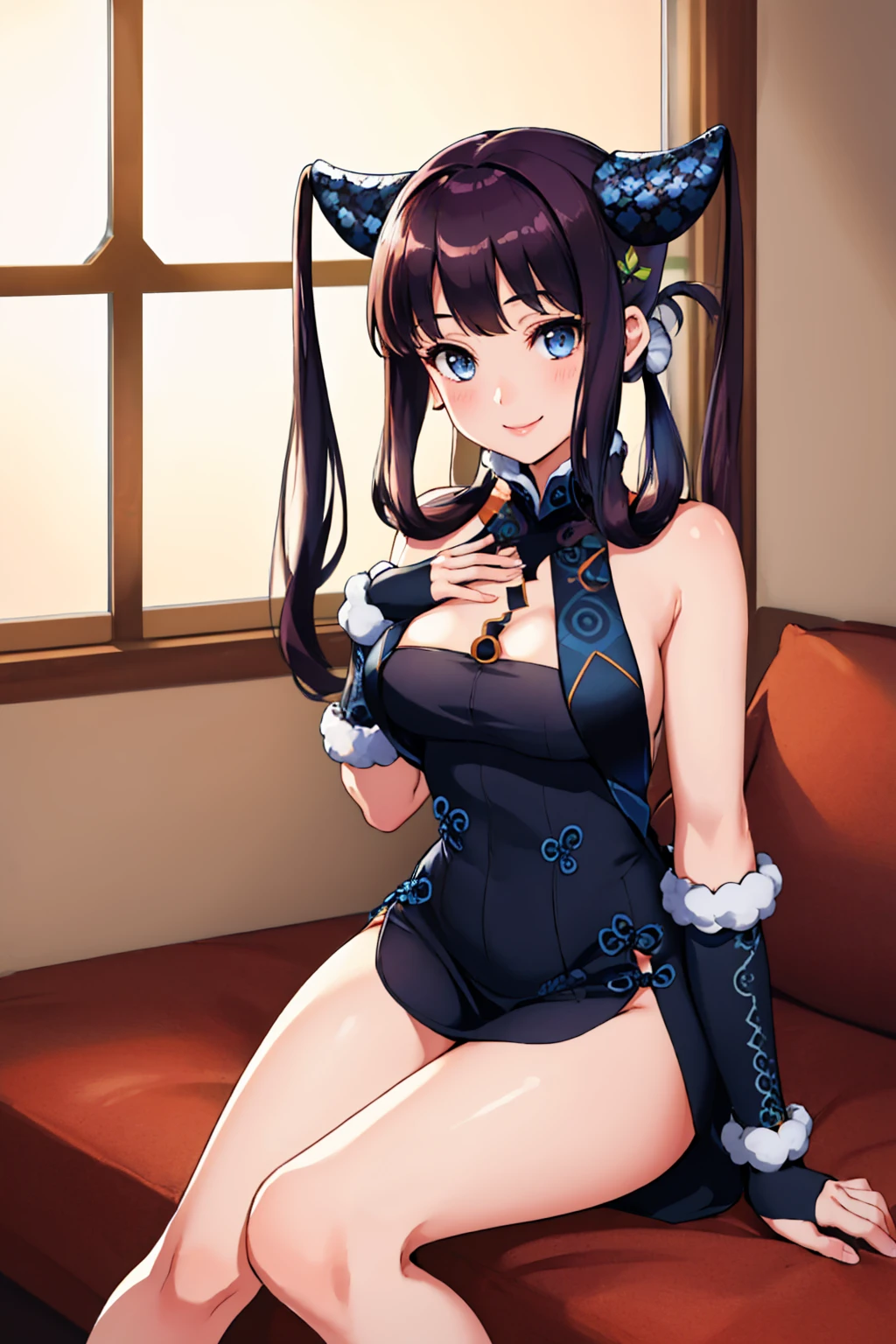 (masterpiece, best quality:1.2), yangst2, smile, looking at viewer, hands on own chest, twintails, leaf hair ornament, black dress, side slit, thighs, arm warmers, bare shoulders, cleavage <lora:fate_yangguifei-09:1>