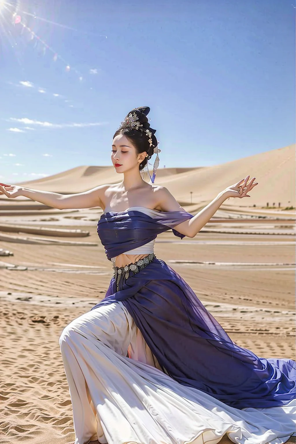 best quality, masterpiece,ultra high res,highres, illustration. media, delicate,8k wallpaper,soft light,official art,professional lighting, photon mapping, radiosity, physically-based rendering,1girl, beach, closed eyes, day, desert, hair ornament, jewelry, letterboxed, ocean, outdoors, sand, shore, sitting, sky,<lora:æ¦ç
:0.8>