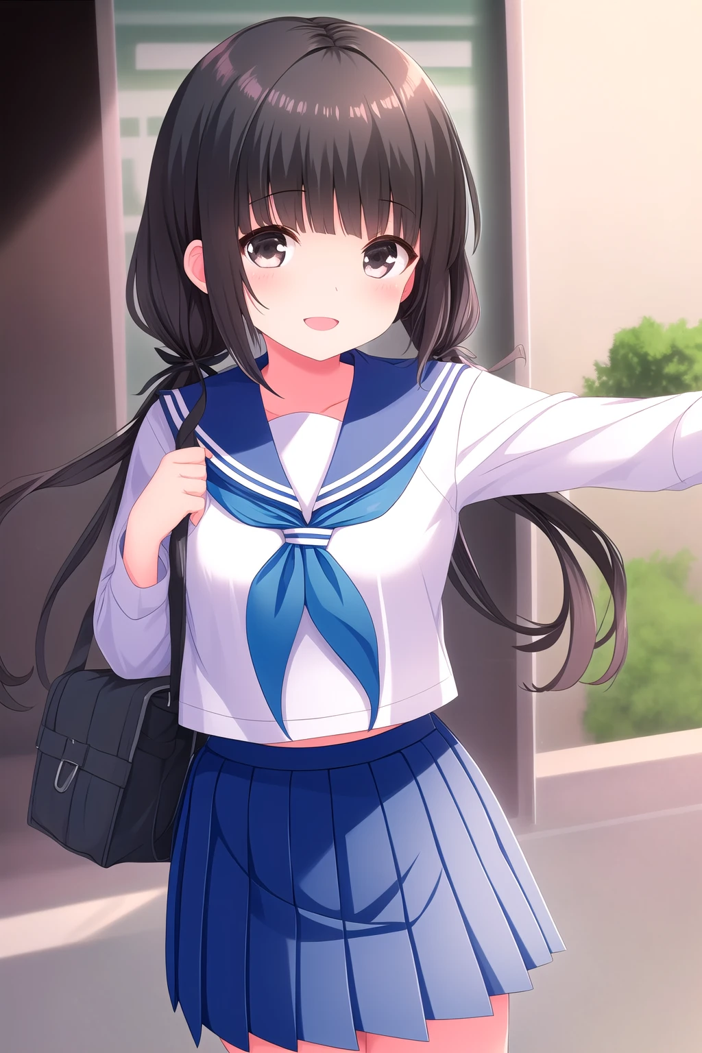 (masterpiece, best quality), highly detailed background, perfect lightingbest quality, mashirotouko, solo, outdoors, black hair, low twintails, hair over shoulder, hair ribbon, blunt bangs, long hair, black eyes, white serafuku, white shirt, blue sailor collar, blue skirt, pleated skirt, school uniform, smile, open mouth, :d pink lips, <lora:Mashiro-Touko:0.7>