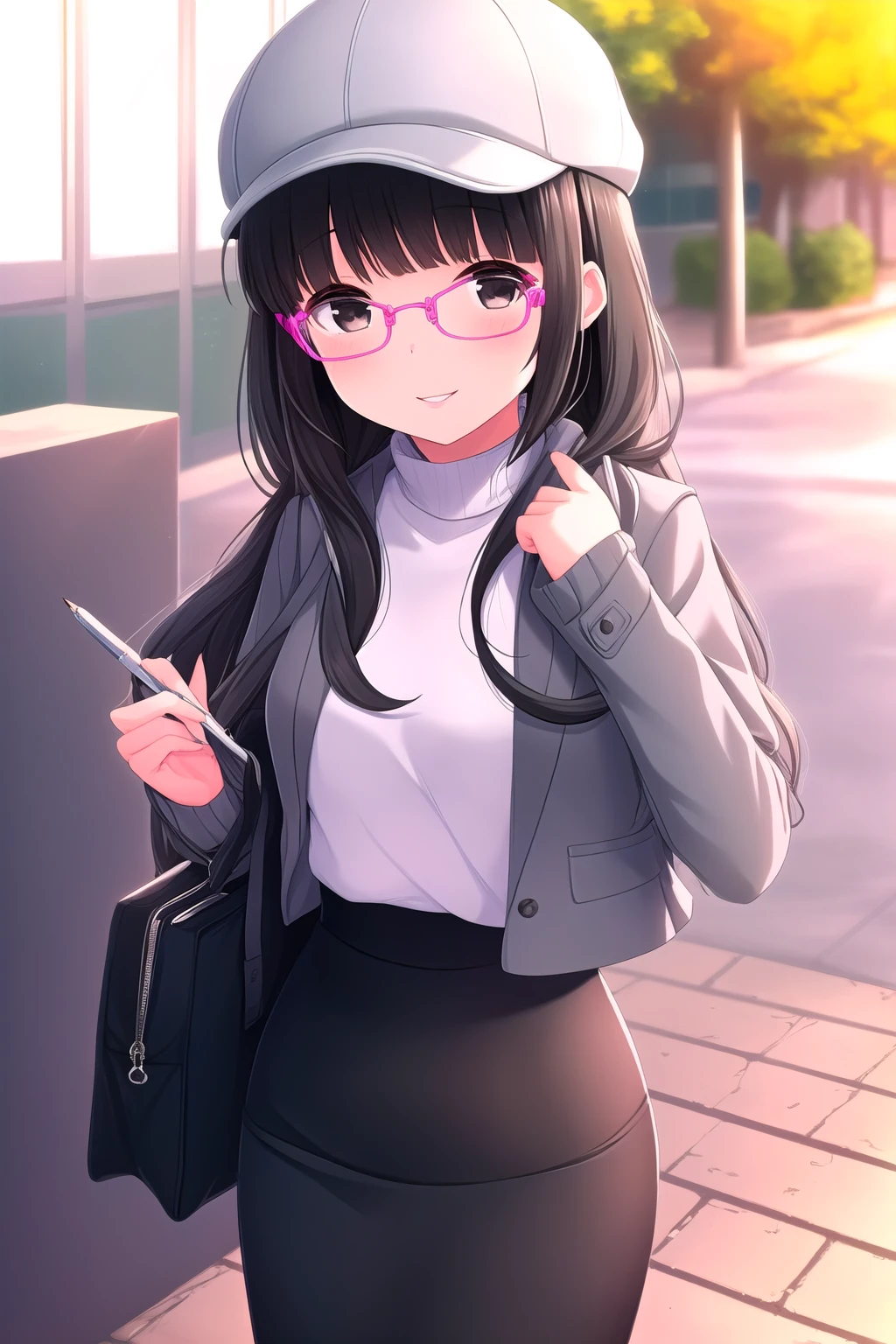 (masterpiece, best quality), highly detailed background, perfect lightingbest quality, mashirotouko, solo, outdoors, cabbie hat, grey headwear, black hair, blunt bangs, long hair, glasses, black eyes, grey jacket, white shirt, black skirt, pencil skirt, smile, closed mouth, :), parted lips, pink lips, <lora:Mashiro-Touko:0.7>