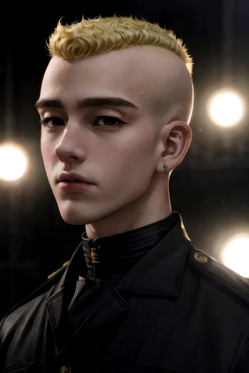 photorealistic, (4k), depth of field, (Masterpiece), (realistic skin texture), extremely detailed, intricate, hyper detailed, high resolution, professional photography, bokeh, depth of field, sharp detail, best quality, looking at viewer, 1boy, solo, male focus, <lora:yasuhiro_mutou:0.92>, yasuhiro_mutou, blonde hair, black eyes, , bald, , , knight costume, stage,