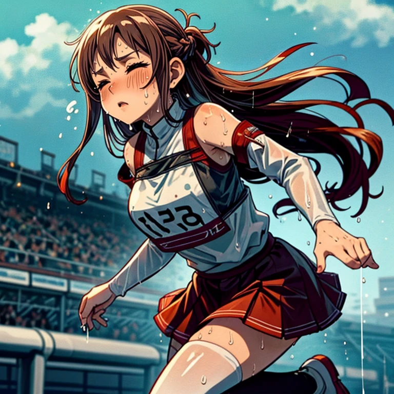 ((top quality, 8k wallpaper)),(masterpiece, best quality),extremely detailed,high definition,(official art:1.3),(((anime screencap,black outline))),<lora:more_details:0.3>,<lora:LCM_LoRA_Weights_SD15:1>,1girl,solo,blush,half-closed eyes,steaming body,heavy breathing,sick,
<lora:asuna_(sao)_v1:0.7>,aaasuna,long hair,brown hair,braid,brown eyes,bare shoulders,armor,breastplate,white sleeves,detached sleeves,red skirt,pleated skirt,white thighhighs,
BREAK
<lora:sweatAthlete:0.4>,(((sweat,sweatdrop,flying sweatdrops, sweating profusely,wet,wet clothes,wet hair,messy hair))),exhausted,exercise,stadium,outdoors,running track,running,