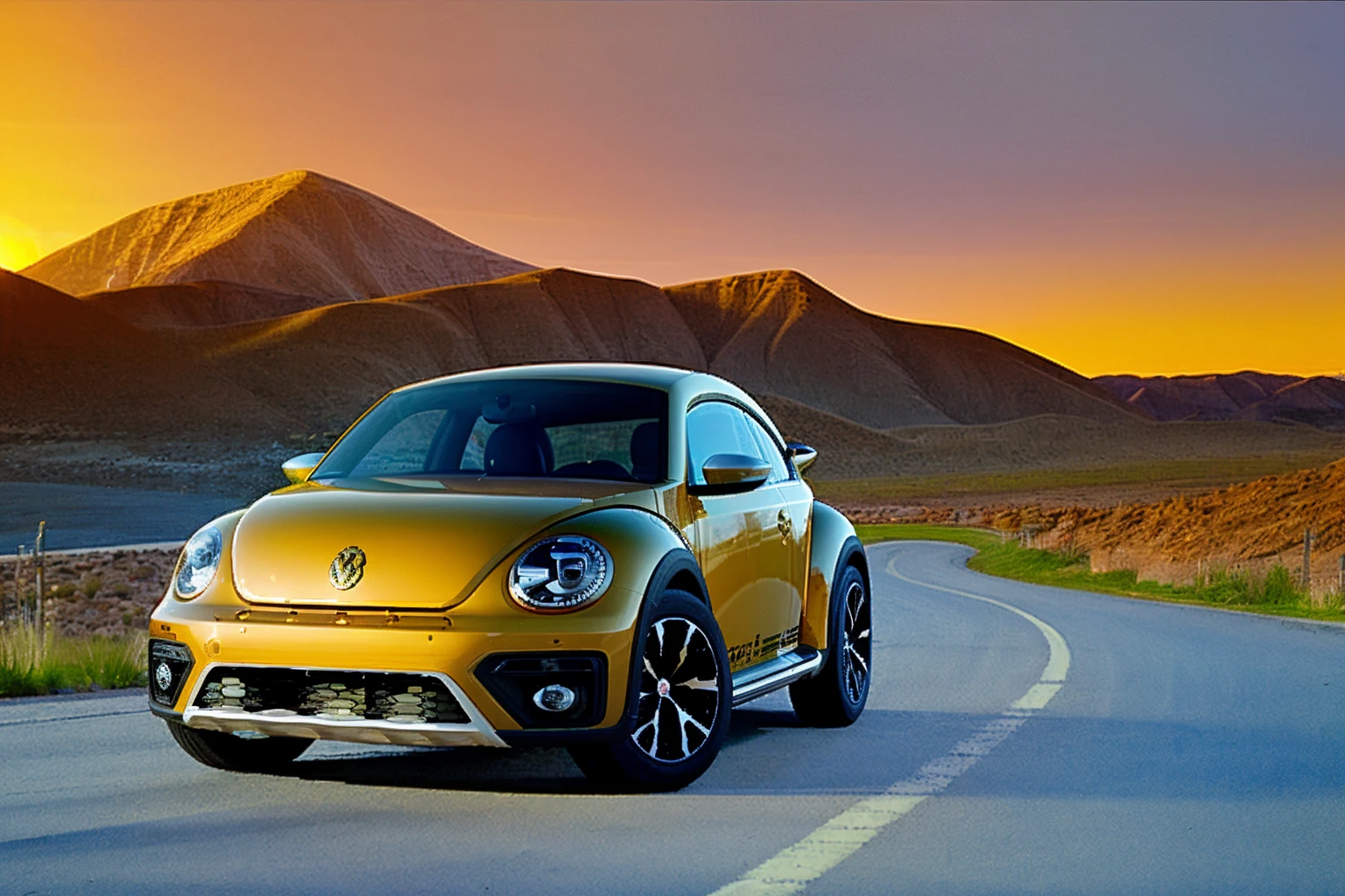 landscape, winding road, mountains in the background, sunset, DuneBeetle, car in the distance,
<lora:DuneBeetleSD:1>