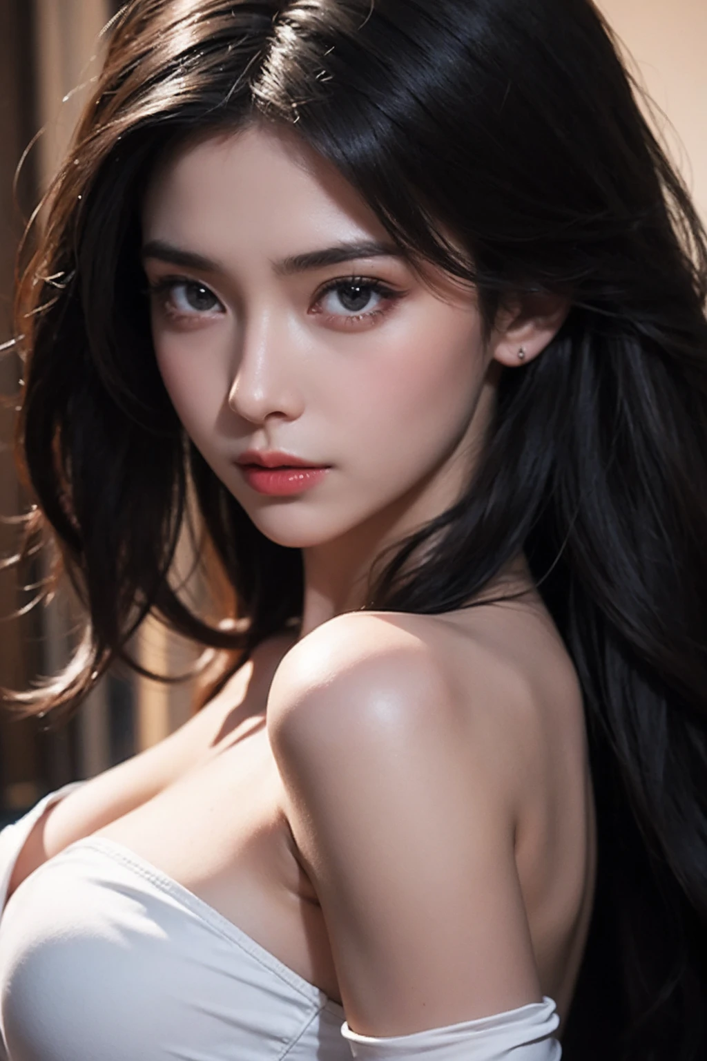 <lora:Again_Girl_A8_R2:1.5>,Again Girl A8 R2,1girl,close up,black long hair,solo,bare shoulders,looking at viewer,black eyes,elbow gloves,closed mouth,breasts,dress,