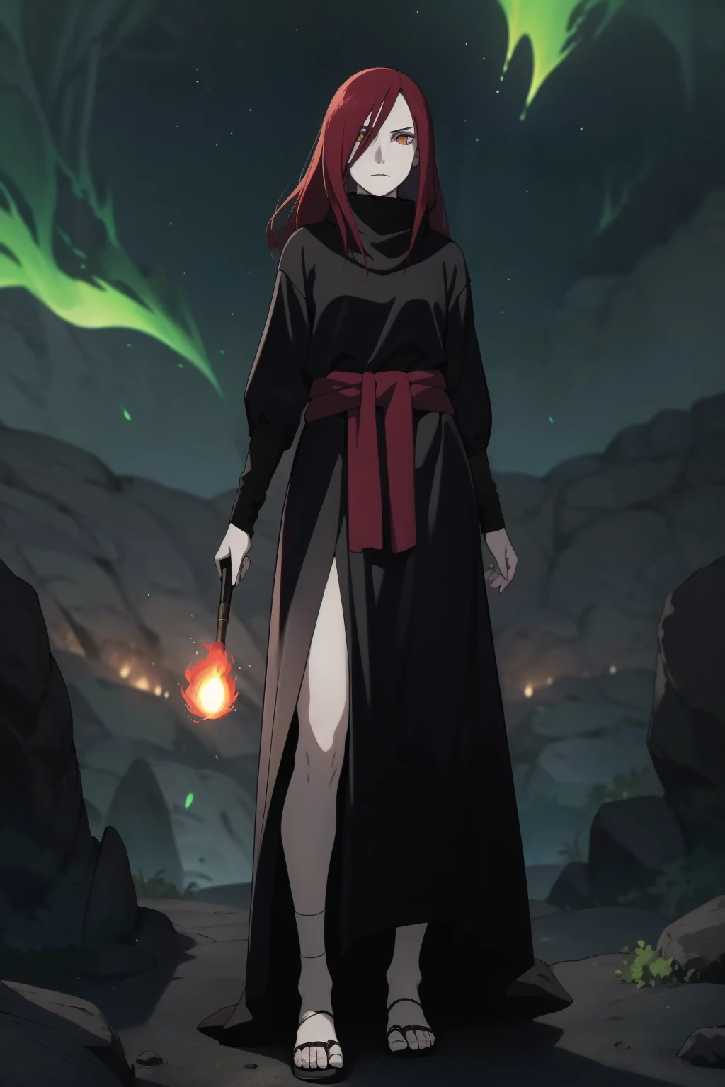 best quality,masterpiece,photorealistic,8k,A tall female human sorcerer stood on a barren plain,with long fiery red hair and mysterious amber eyes. She was wearing a black long dress and purple shawl,with a skull decoration around her waist. She was holding a wand in her hand and reciting a curse,with a demonic green flame burning at the top of the wand. Her feet were surrounded by ancient runes,which emitted a faint and sparkling light. Behind her lies the dusk sky and horizon,<lora:orochimaruV2:0.7>,