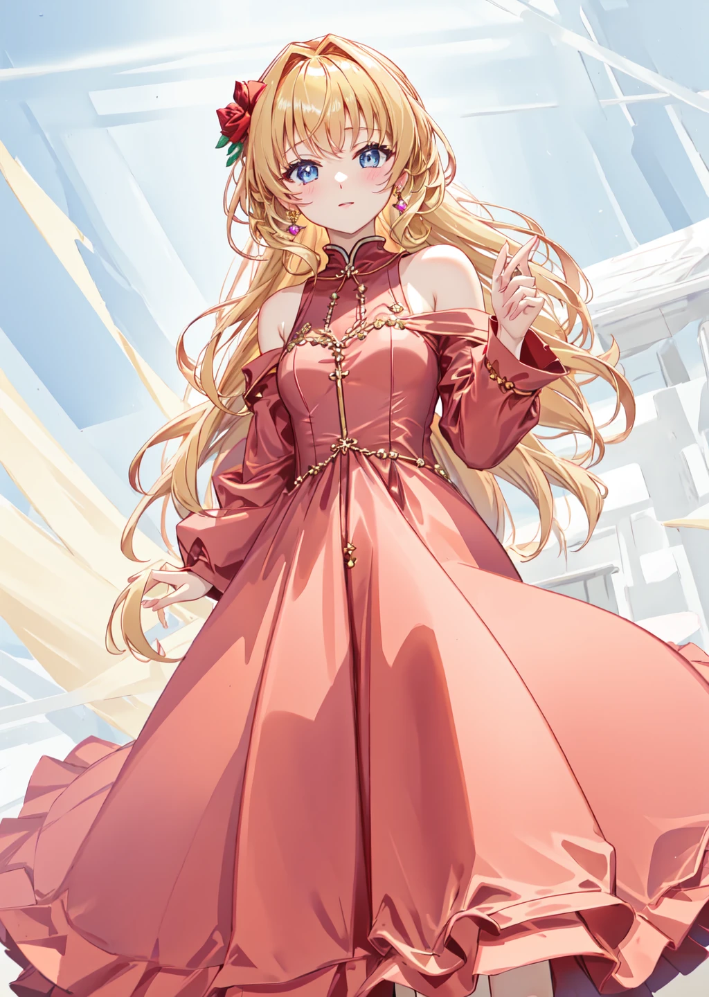 solo, girl, looking at viewer, half body, view from knees up, standing, standing straight, girl in full view, solid background, high definition, best quality, masterpiece, close up, small breasts, blonde, light pink dress, long dress, no sleeves, ball gown, pleated dress, shoulders covered, high neck, mock neck, hands behind back, hands hidden, illustration, <lora:Ball_gowns:1>