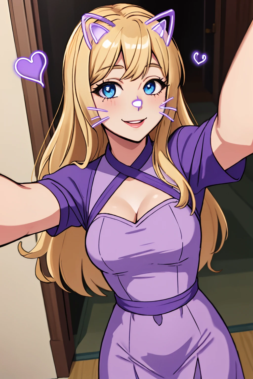 solo, hires,high resolution, catfacefilter,face filter, purple face filter,drawn ears, drawn whiskers, drawn hearts, hearts <lora:cat face filter v1:1.0>, mature female, mature woman, blonde hair, blue eyes, selfie, taking a photo, halter dress, smile, long hair, pink dress