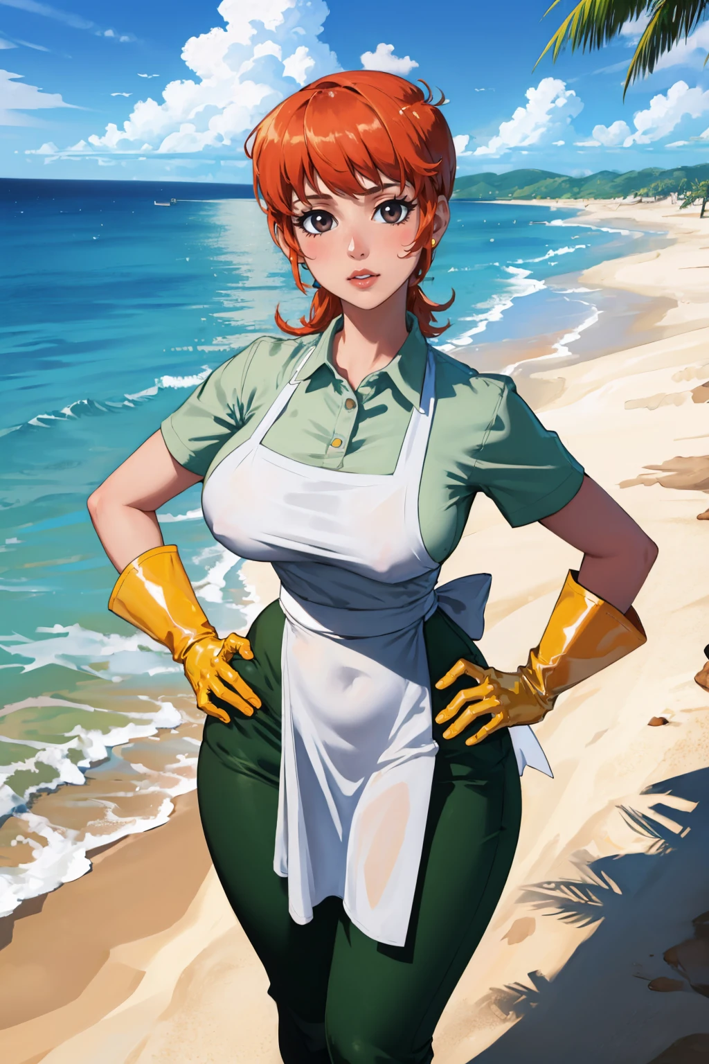 (masterpiece, best quality:1.2), <lora:dextersmom:1>, dextersmom, 1girl, solo, looking at viewer, large breasts, wide hips, gloves, apron, jewelry, pants, shirt, desert, outdoors, ocean, hands on hips, reflection,