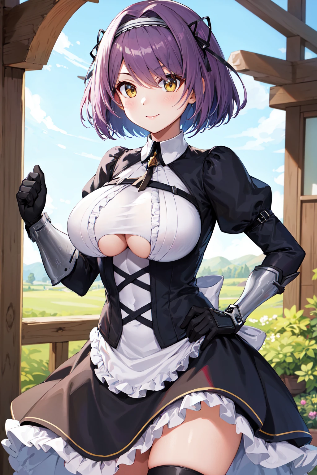 masterpiece, best quality, highres, aaglou, short hair, hairband, maid, underboob cutout, dress, long sleeves, black gloves, gauntlets, white apron, chain, <lora:gloucester_v1:0.7>, standing, cowboy shot, outdoors, hand on hip, smile,
