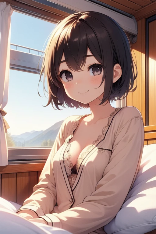 (((masterpiece))),  (((best quality))),  train roomette,  sleep,  girl lying on bunk bed,  smile,  beige lace pajamas,  looking out the big window,  wooden wall,  cleavage,  big tits,  ribbon,  short bobhair,<lora:EMS-255644-EMS:1.000000>