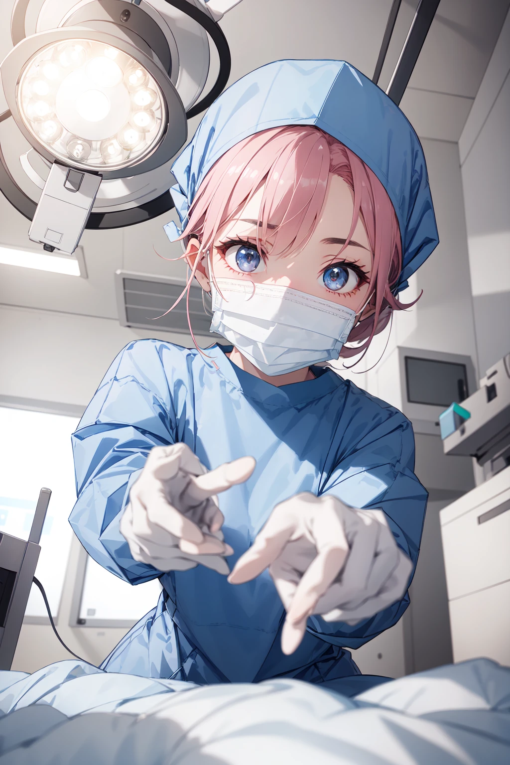 (RAW photo, best quality), 1girl, long sleeve surgical outfit, surgical mask,  surgical gloves, surgical cap,  operating room, overhead surgical light, looking downward,
 <lora:concept_surgery_pov_v3_1:1> surgery_pov, view from below, pov,