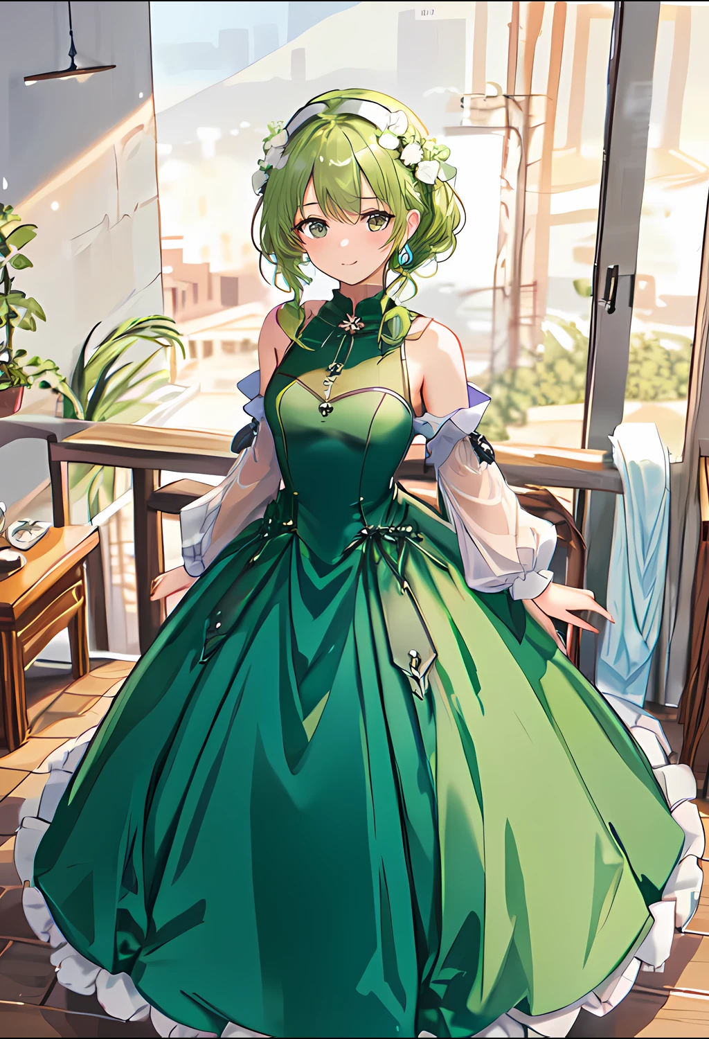 solo, girl, looking at viewer, half body, view from knees up, standing, standing straight, girl in full view, solid background, high definition, best quality, masterpiece, close up, small breasts, pale green hair, long dress, no sleeves, ball gown, pleated dress, shoulders covered, high neck, mock neck, hands behind back, hands hidden, illustration, <lora:Ball_gowns:1>