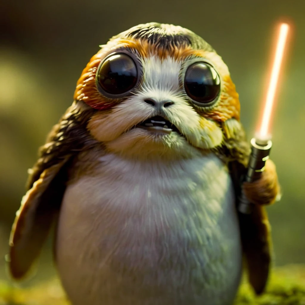 cinematic film still of  <lora:Porgs Bird:1.2>
Porgs Bird a bird with a light saber in it's bird hand In Star wars Universe, shallow depth of field, vignette, highly detailed, high budget, bokeh, cinemascope, moody, epic, gorgeous, film grain, grainy