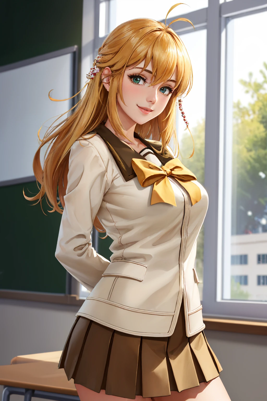 (masterpiece, best quality:1.2), solo, 1girl, makischool, smile, looking at viewer, arms behind back, antenna hair, hair beads, school uniform, serafuku, yellow bow, long sleeves, brown skirt, classroom <lora:voiceroid_tsurumaki-10:1>