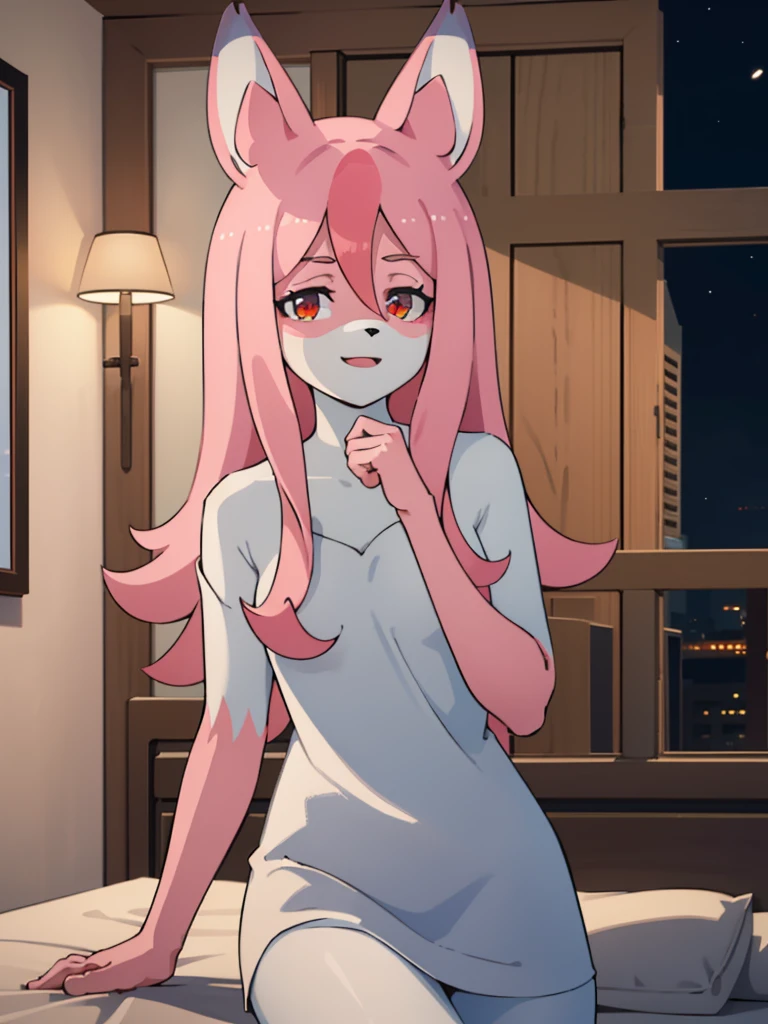 1 girl, fox girl, solo, furry,furry female, nazuna_hiwatashi, pink hair,long hair, red eyes, animal nose, fox ears, pink tail, (high quality, best quality, (4k), hi res, masterpiece, beautiful, high details), <lora:nazuna:0.9>, happy, looking at viewer, hotel,bedroom, naked, night