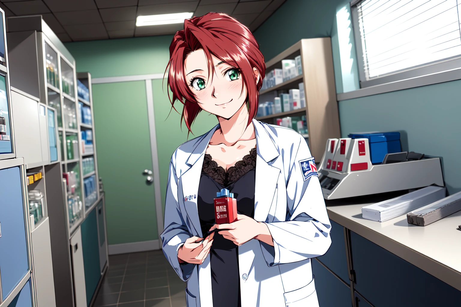 (RAW photo, best quality), 1girl, natural lighting,
hospital pharmacy, solo, light smile,
<lora:innai_kansen_iimura_manami_v2_2-000002:1>, iimura manami, labcoat,