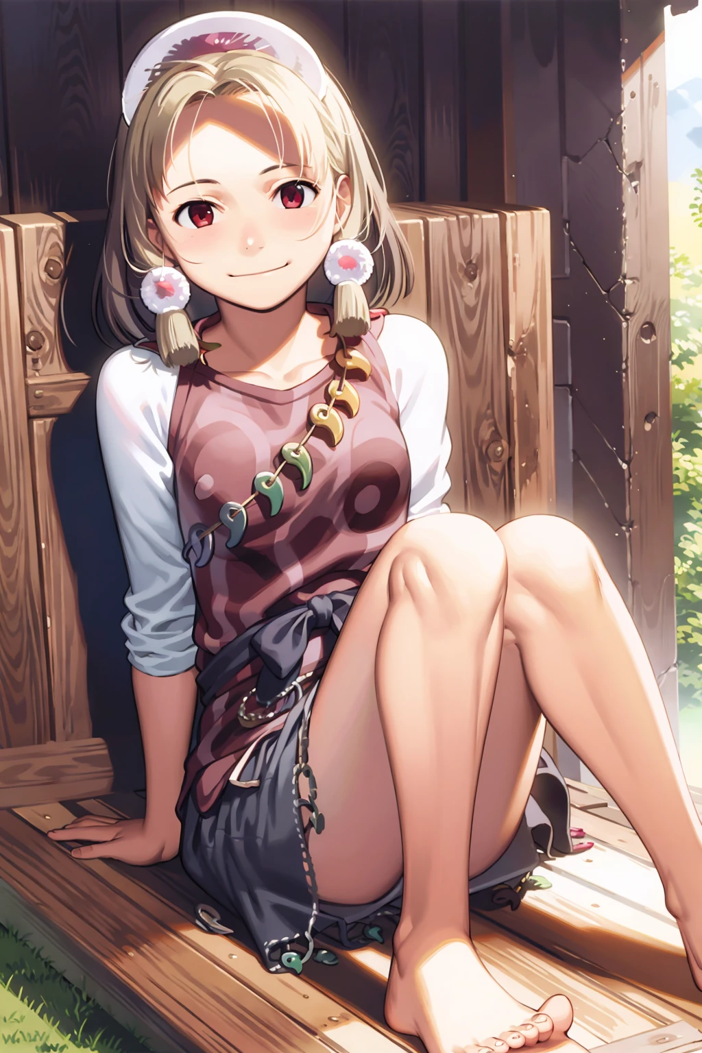 masterpiece, best quality, <lora:TamatsukuriMisumaru:1>, <lora:comiclo:1>,
1girl, solo, blonde hair, barefoot, magatama, red eyes, sitting, smile, skirt, feet, jewelry, shirt, short hair, looking at viewer