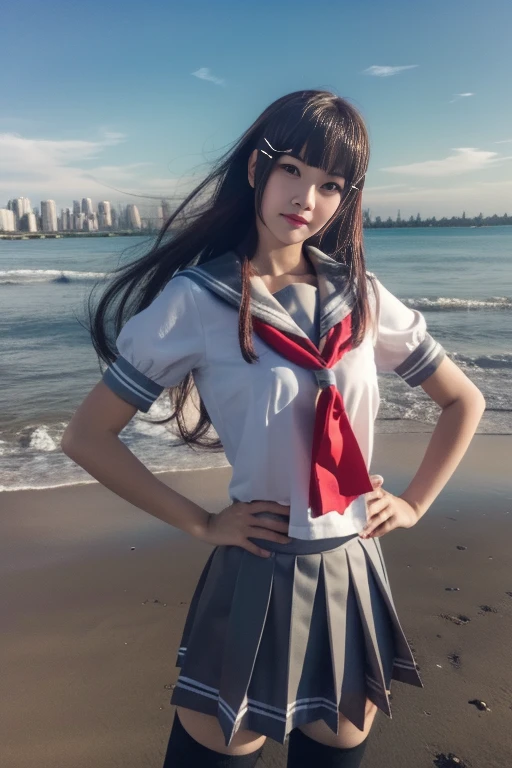 ltra-detailed,highly detailed,best quality,masterpiece,illustration,realistic,photorealistic,
llas, cosplay, 1girl, solo,
school uniform, serafuku, sailor collar, short sleeves, red neckerchief, pleated skirt,thighhighs,
long hair, bangs,hair ornament,
looking at viewer, hands on hips, head tilt, cowboy shot,
photo background, beach,sea,waves, skyline,
<lora:llas_v1_05:0.9>