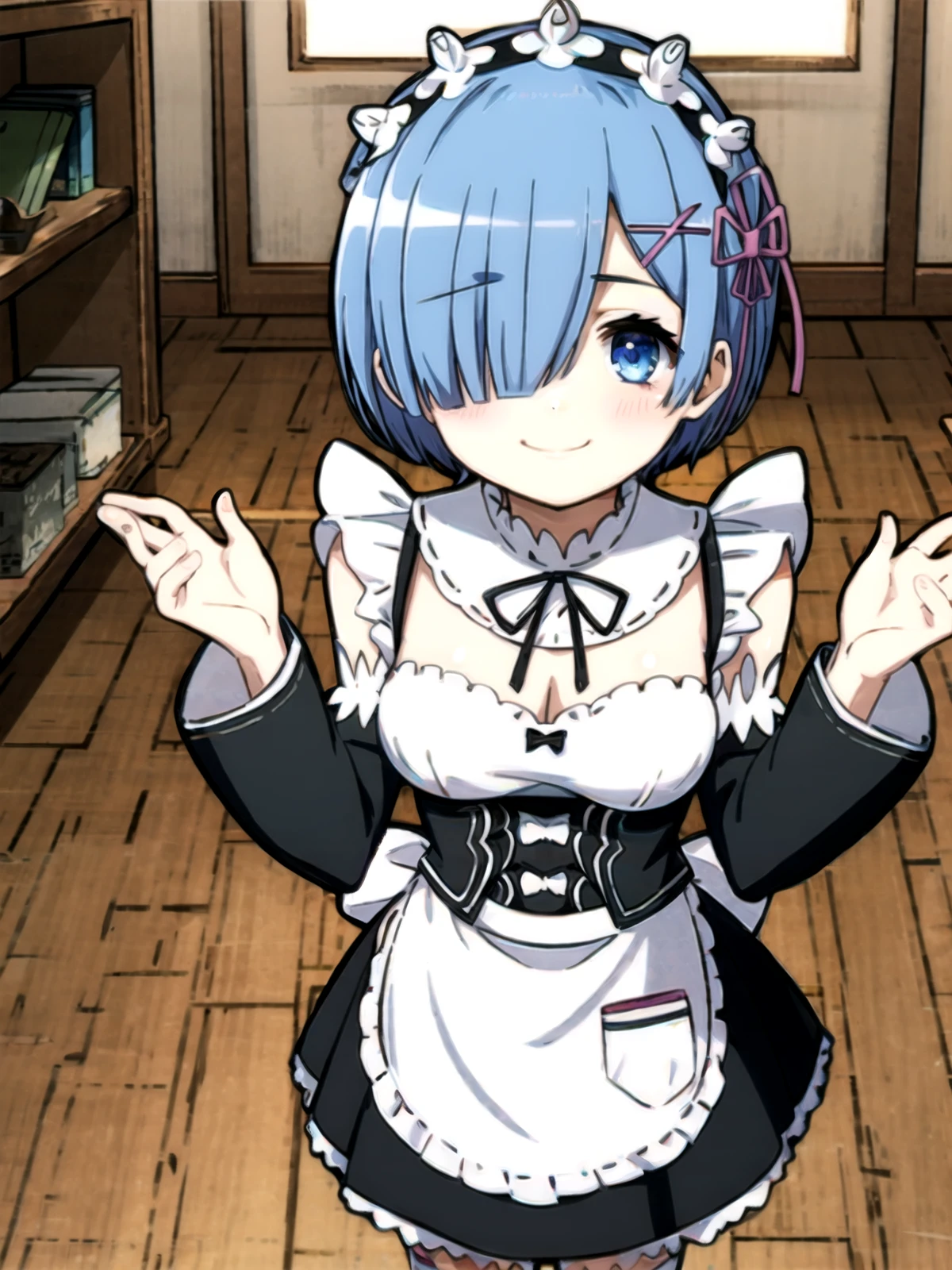 <lora:Hyakka Ryouran Samurai Girls Test:1> (thick outlines, anime coloring, colorful, promotional art, novel illustration), rem \(re:zero\), 1girl, solo, blue eyes, short hair, hair over one eye, ight blue hair, medium breasts, maid headdress, smile, looking at viewer, white thighhighs, maid apron, indoors, (re:zero kara hajimeru isekai seikatsu)