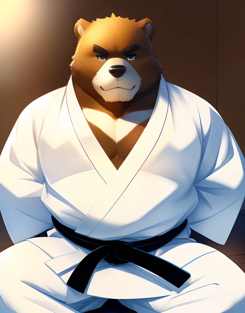 (((detailed eyes, detailed face))), (bara, juuichi <lora:character_juuichi_findigo_v3:1>, bear, short hair, black eyes), male, (solo), (plump, fat, chubby, overweight), (white dougi, martial arts belt, white pants), sitting, (arms behind back), smile BREAK (konzaburou, ukan_muri, cute), bedroom, (flat shading, [flat color], high brightness <lora:add_brightness:1>), 8k, UHD, masterpiece, (full body)