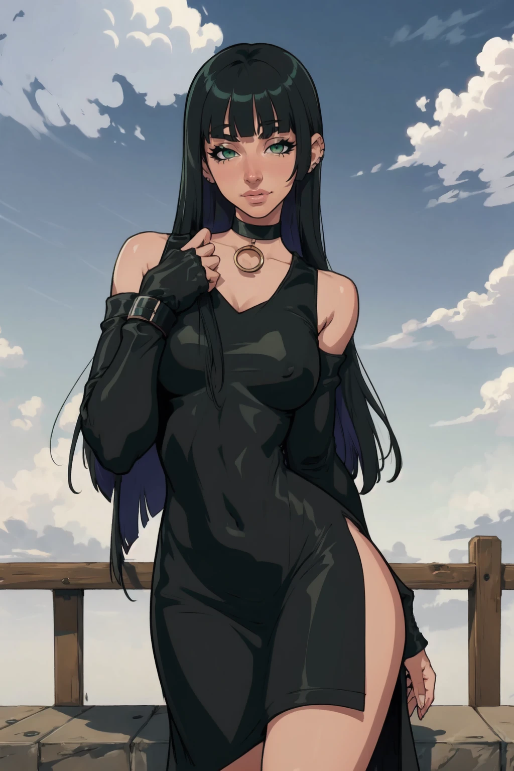 1girl, (solo:1.2), (cowboy shot:1.2), (looking at viewer:1.3),
<lora:PA-san [justTNP - v1.0]:1> pa-san, (blunt bangs:1.3), (long hair), (colored inner hair:1.2), (black hair), purple hair, (green eyes:1.3), large breasts, curvy, young female, hime cut, ear piercing, jewelry, (black dress:1.2), clothing cutout, shoulder cutout, (sleeves past wrists:1.2), choker, black choker
BREAK <lora:Ishikei [MockAi - v1.0]:0.9> ishikei, soft shading, anime aesthetic, shiny skin, clean lineart, detailed eyes, highly detailed shading
BREAK intricate details, (masterpiece:1.3), (best quality:1.3), (perfect anatomy:1.4) BREAK, (beautiful white clouds:1.3), puffy clouds, white sky