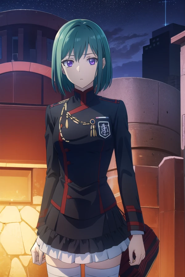 lenaleelee, <lora:lenalee lee hallow s1-lora-nochekaiser:1>,
lenalee lee, bangs, hair between eyes, (purple eyes:1.1), green hair,
BREAK skirt, thighhighs, long sleeves, jacket, pleated skirt, boots, miniskirt, zettai ryouiki, black jacket, pink skirt, layered skirt, military jacket,
BREAK outdoors, city, starry sky, night, moon,
BREAK looking at viewer, (cowboy shot:1.5),
BREAK <lyco:GoodHands-beta2:1>, (masterpiece:1.2), best quality, high resolution, unity 8k wallpaper, (illustration:0.8), (beautiful detailed eyes:1.6), extremely detailed face, perfect lighting, extremely detailed CG, (perfect hands, perfect anatomy),
