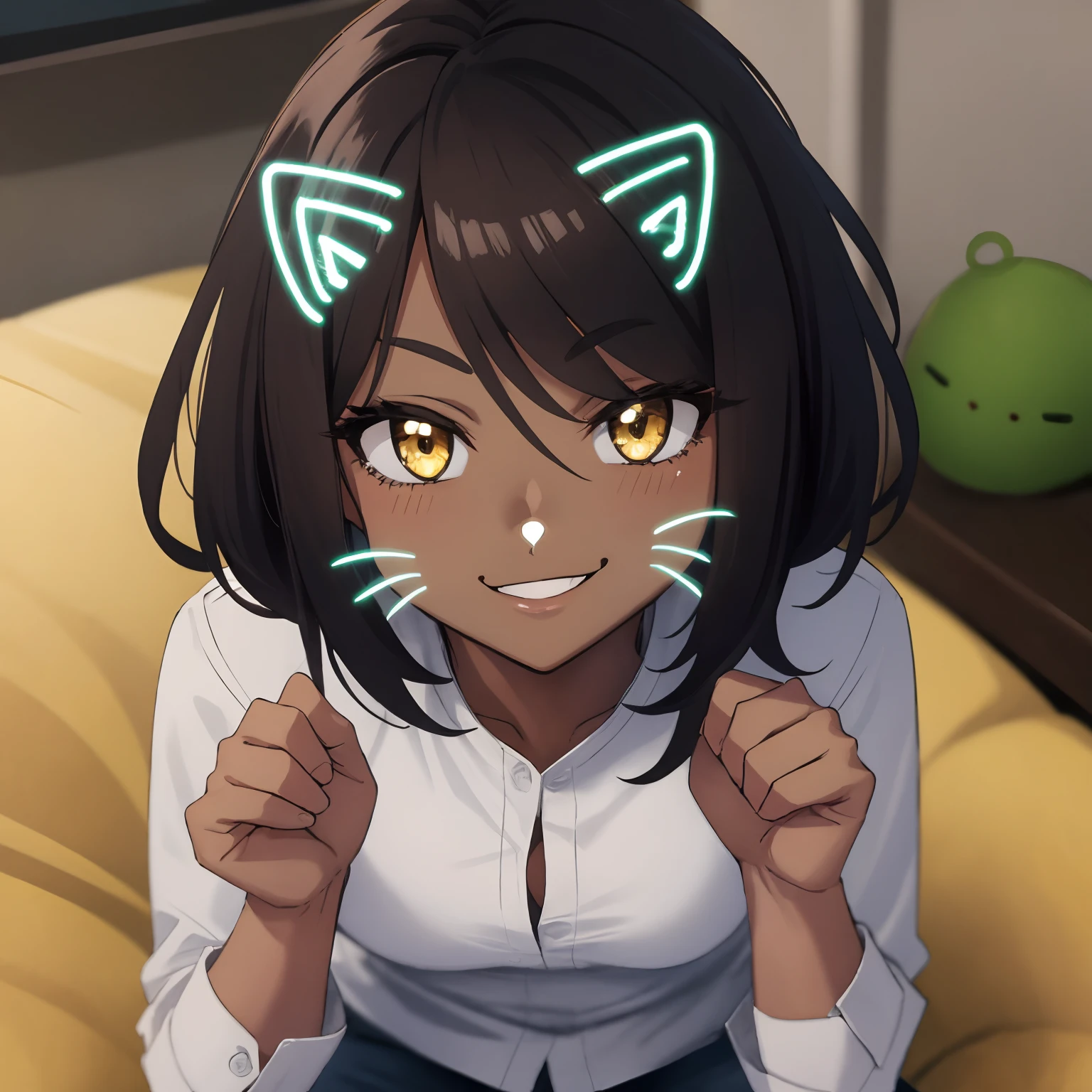 solo, hires,high resolution, catfacefilter,face filter, green face filter,drawn ears, drawn whiskers, medium hair, (dark skin:1.2), (dark-skinned female:1.2), mature female,1girl, eyelashes, (yellow eyes:0.8), brown hair, paw pose,smirk, wariza,w sitting, <lora:cat face filter v1:1.0>, shirt