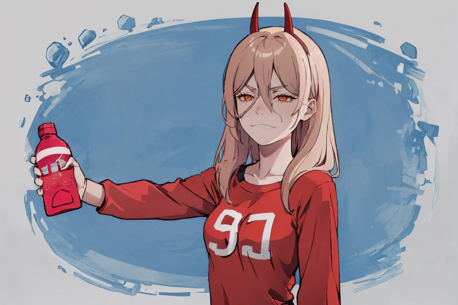 (masterpiece, best quality:1.2), upper body, solo, 1girl, power \(csm\), frierenthrilled, smug, holding bottle, outstretched arm, cross-shaped pupils, red shirt, clothes writing, long sleeves <lora:Char_ChainsawMan_Power:1> <lora:concept_frierenthrilled-16:1>