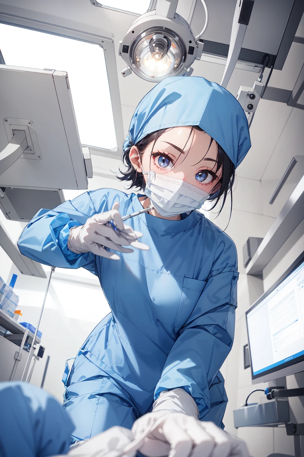 (RAW photo, best quality), 1girl, long sleeve surgical outfit, surgical mask, surgical gloves, surgical cap, operating room, overhead surgical light, looking downward,
<lora:concept_surgery_pov_v3_1:1> surgery_pov, view from below, pov,
